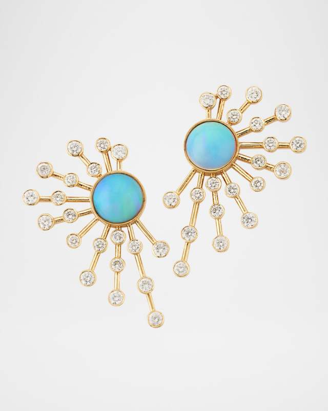 14K Yellow Gold Opal Diamond Sputnik Earrings